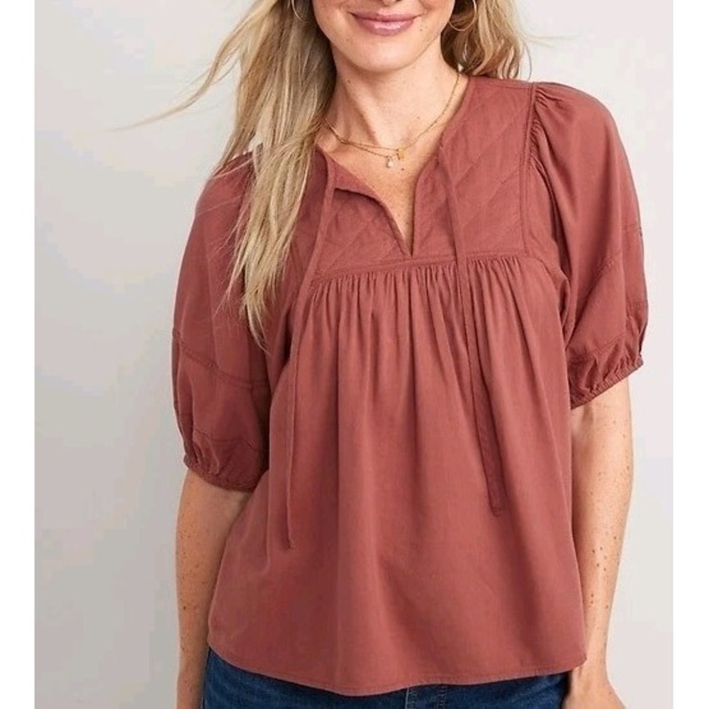Old Navy Quilted Yoke Peasant Top XXL Rust Mauve Boho Puff Sleeve Blouse Prairie